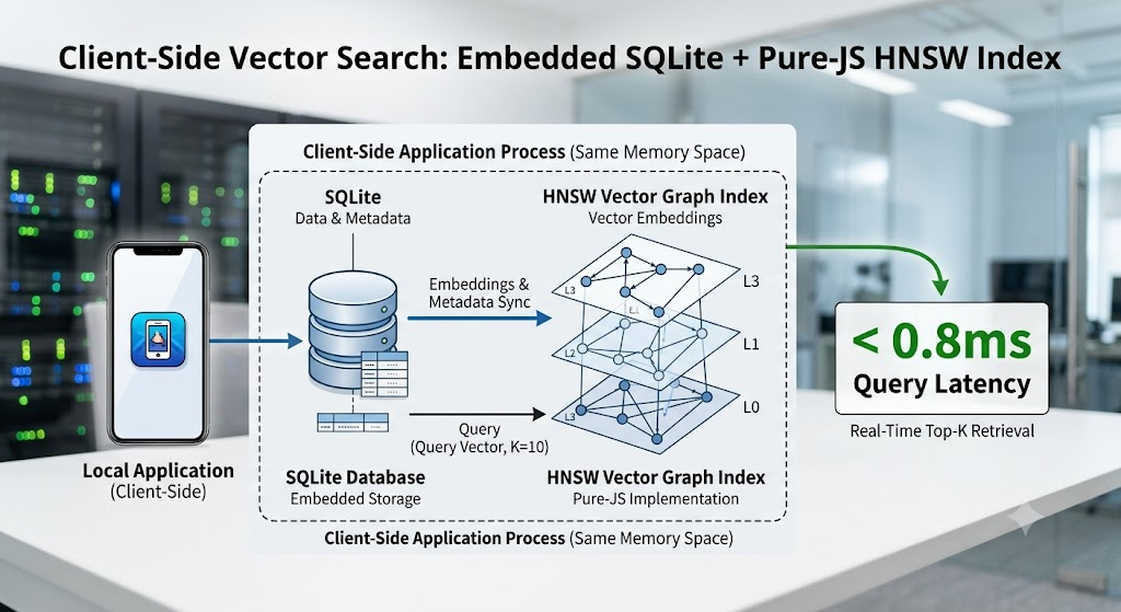 Two interconnected knowledge stores, one local and one shared across projects, merging into a single search result