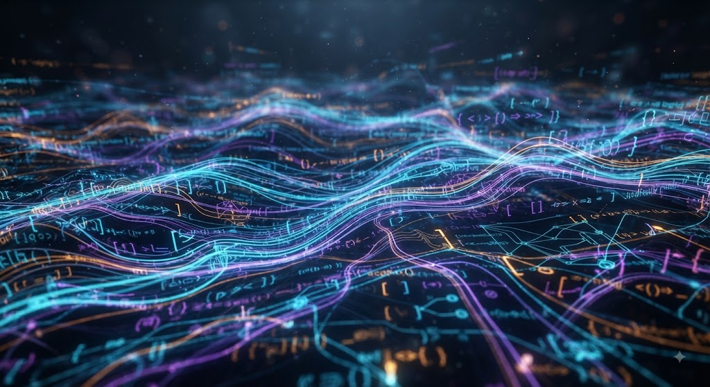 Abstract visualization of a code review pipeline scanning through layers of source files