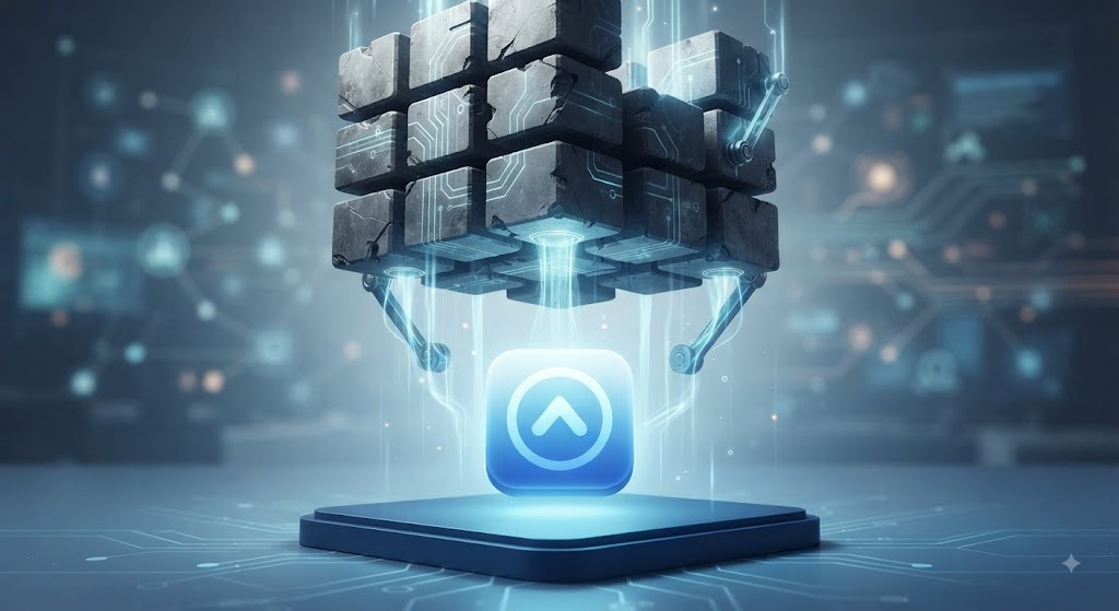 A stack of heavy native library blocks (labeled vector DB, Arrow) being lifted away from a lightweight local application core
