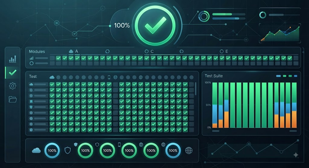 A test suite dashboard showing a checklist trending toward all green with zero red items remaining