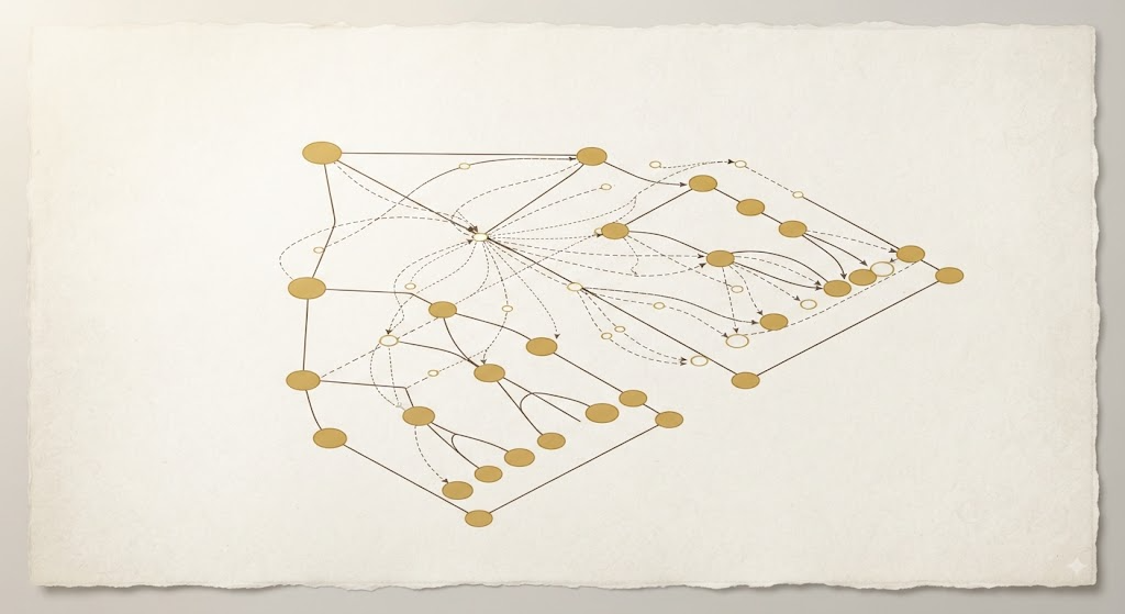 Two overlapping graphs - a stable org-graph of named agent roles in gold, and a dynamic work-graph of tasks that split and merge as dashed lines, on an ivory editorial canvas