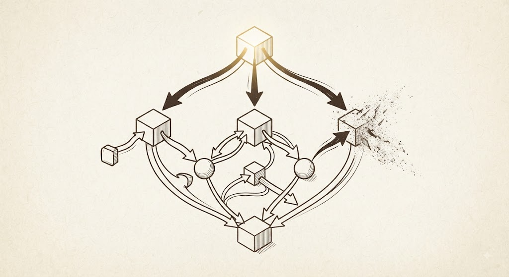 An isometric directed acyclic graph reorganizing itself - a parent node splitting into three children, two branches merging into one, and one node dissolving to show cancellation, with dependency arrows rewiring