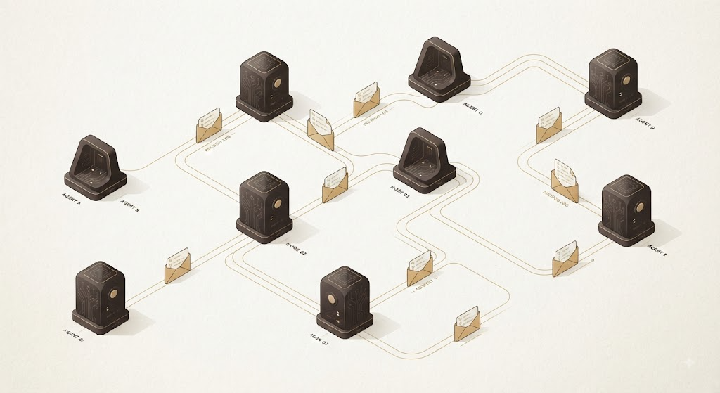 Typed context-package envelopes flowing along thin gold lines between agent nodes, each envelope carrying labeled compartments for context, artifacts, decisions, and next action