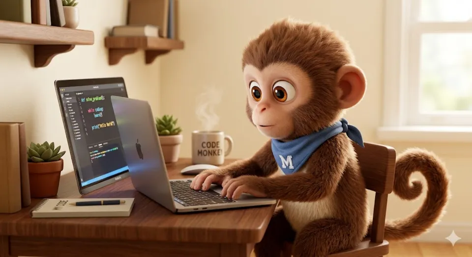 The Monoes monkey mascot typing on a laptop at a sunny desk