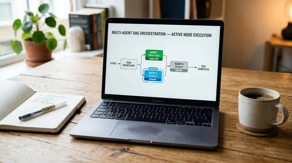 A laptop on a wooden desk showing a multi-agent workflow graph