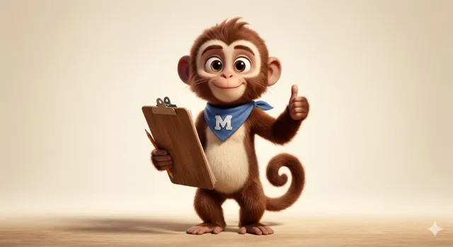 The Monoes monkey holding a clipboard, giving a thumbs up